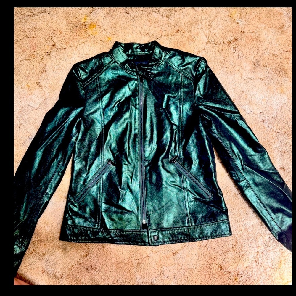 NWOT, Newman Marcus Leather Collection, shimmering green jacket in XS.